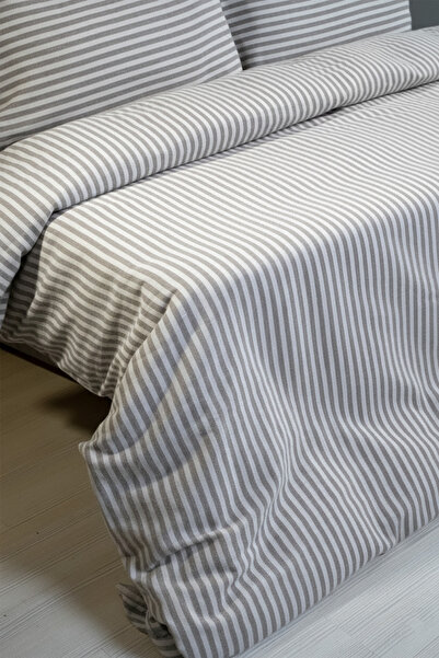 Perotti Natural Ranforce Gray Striped Double Duvet Cover Set 100% Organic Cotton