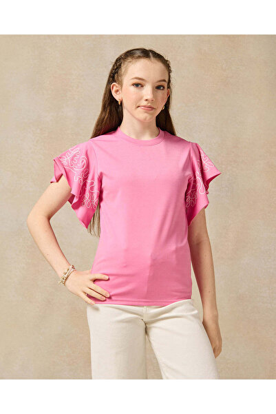 REDTAG Senior Girls Pink Ruffled Embroidered Sleeve Top