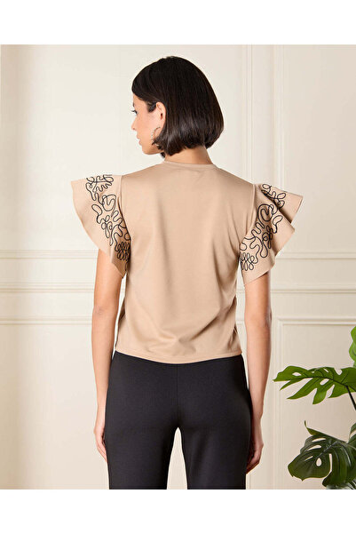 REDTAG Women Beige Embroidered Flutter Sleeves Top