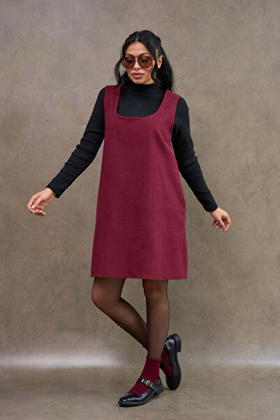 KÜÇÜĞÜM BUTİK Burgundy Color Square Neck Short Cashmere Jile Dress
