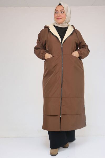 Eslina 43062 Plus Size Hooded Bondit Cap with Elastic Sleeves - Brown