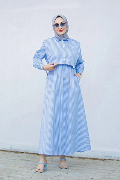 Tesettür Diyarı Βαμβακερό φόρεμα χιτζάμπ με λεπτομέρεια τσέπης και μοτίβο ρίγ...