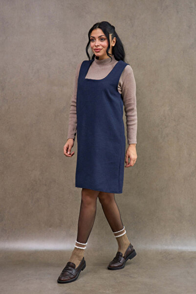 KÜÇÜĞÜM BUTİK Navy Blue Square Neck Short Cashmere Dress