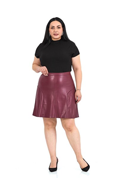 DISENTIS MODEST Plus Size Faux Leather Burgundy Mini Skirt