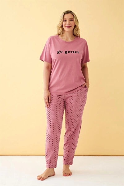 alfa expres Clothing Women's Salmon Go Getter Letter Printed Plus Size Pajama Set