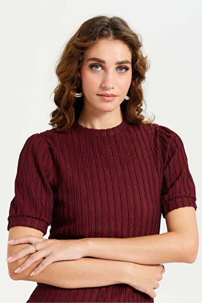 REDTAG Women Burgundy Textured Puff Sleeve Top