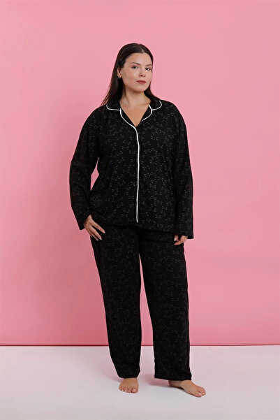alfa expres Clothing Women's Plus Size Black Red Floral Buttoned Pajama Set