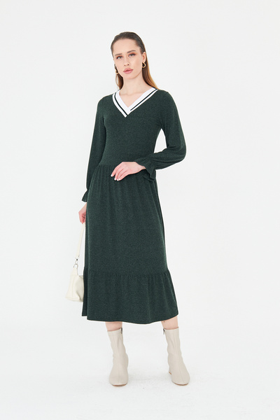 ESPİNA Women's Long Sleeve Knitwear V-Neck Wool Viscose Dress