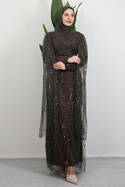 GİYZAMİLA Duru Taşlı Abiye Koyu Haki