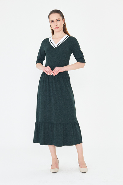 ESPİNA Women's Knitwear Banded V-Neck Short Sleeve Wool Viscose Dress