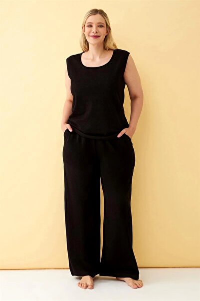 alfa expres Clothing Women's Black Linen Jacquard Plus Size Bottom Top Set