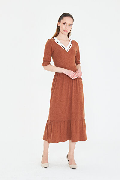 ESPİNA Women's Knitwear Banded V-Neck Short Sleeve Wool Viscose Dress