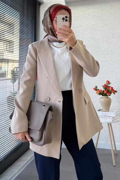 MELEK ARAZ سترة بليزر نسائية قصة ضيقة مع تفاصيل خياطة جانبية – بيج