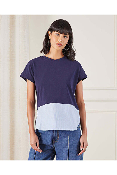 REDTAG Women Navy And Blue Striped Jersey Top