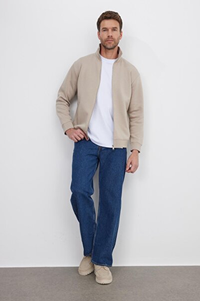 Tudors Unisex Relax Fit Comfortable Cut Cotton Fleece Inside Zippered Stone D Mock Neck Flato Pocketed Sweatshirt Cardigan