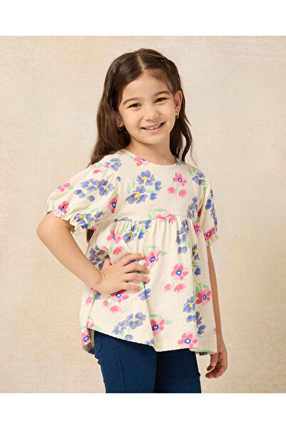 REDTAG بلوزة جيرسي كاجوال بطبعة زهور عاجية للبنات بأكمام منتفخة
