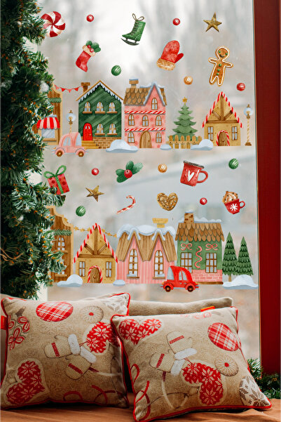 Baskı Madeni Yılbaşı Temalı Karlı Şehir, Evler Kardan Adam Christmas Cam, Duv...