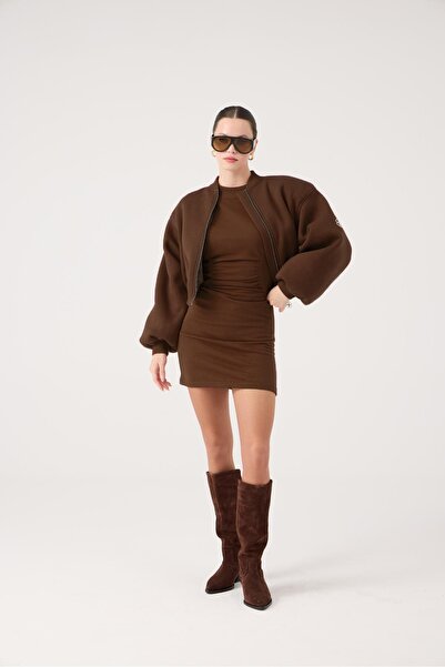 HOLLY LOLLY Crop Cut Shoulder Pad Piece Alexa Bomber Jacket Brown