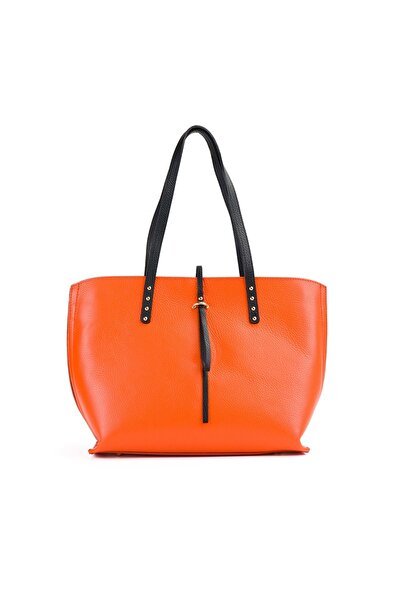 Posete Fagaras Isabelle Leather Purse - Orange - Black, 3 Compartments, 1 Pocket, Adjustable Strap 125 cm