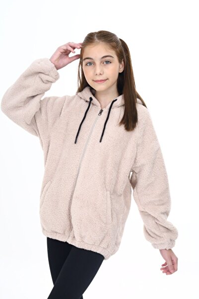Toontoy Bej Kız Çocuk Kiremit Kapüşonlu Fermuarlı Cepli Reglan Kol Peluş Hırka