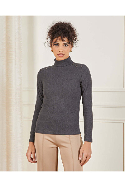 REDTAG Women Charcoal High Neck With Front Stud Detailing Pull Over