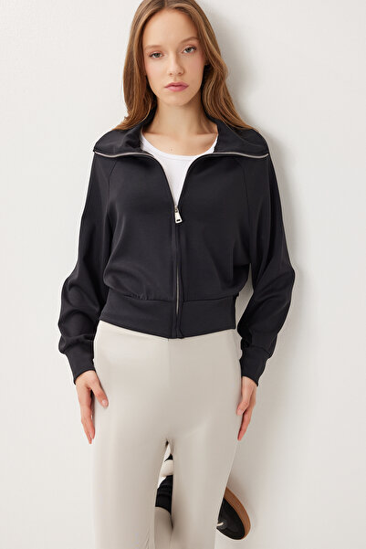 Lovelyİstanbul guler ridicat Modal Swea cu fermoar tricou LUB0308 NEGRU