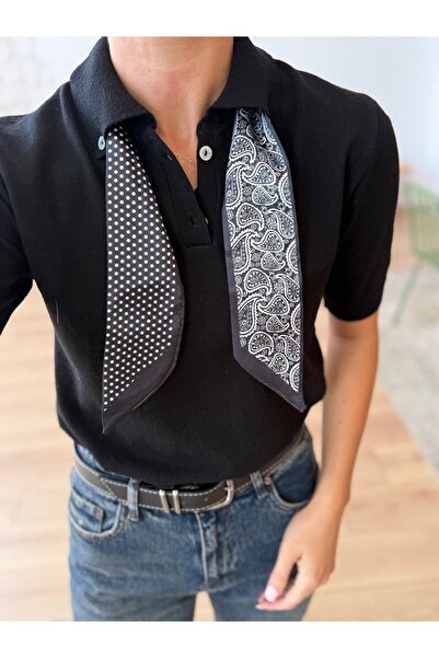 LE CARAMBOLE Women's Black Polo Neck Scarf Short Sleeve Knitwear Sweater