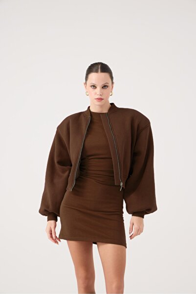 HOLLY LOLLY Crop Cut Shoulder Pad Piece Alexa Bomber Jacket Brown