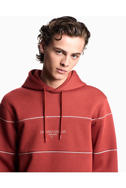 Emporio Armani Men's Hooded Collar Line Pattern Long Sleeve Cotton Regular Fit Red Sweatshirt Em002885 Af17545-U5