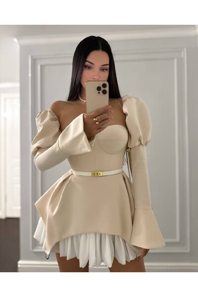 cemo Dalgıç and Jessica Fabric Zippered Gloplu Dress with Belt