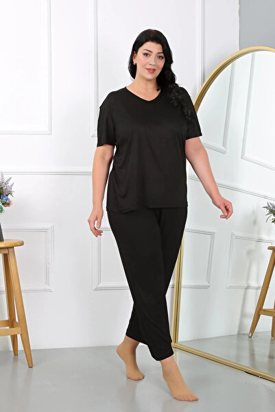 alfa expres Clothing Women's Plus Size Short Sleeve Combed Cotton Pajama Set Black