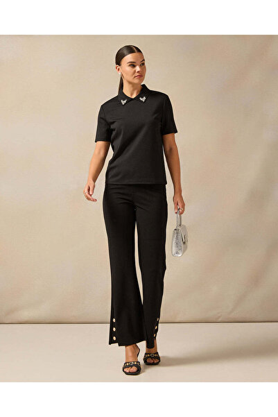 REDTAG Women Black Embellished With Rhinestone Collar Polo T-shirt