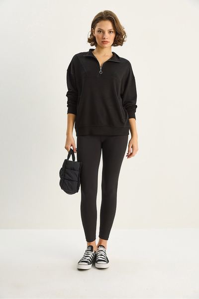 Bianco Lucci Γυναικείο φούτερ ψηλός λαιμός με μισό φερμουάρ και λεπτομέρεια τσέπης oversized Modal 60601053