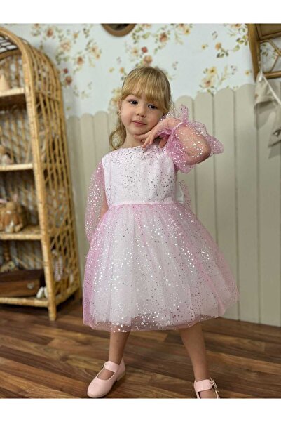 kidsense فستان من التول للفتيات بأكمام بالونات ومشبك من Glitter Star مطبوع