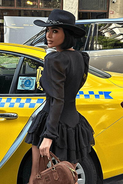 cemo Women's Shoulder Pad Piece Double-Breasted Neckline Tulle Dress