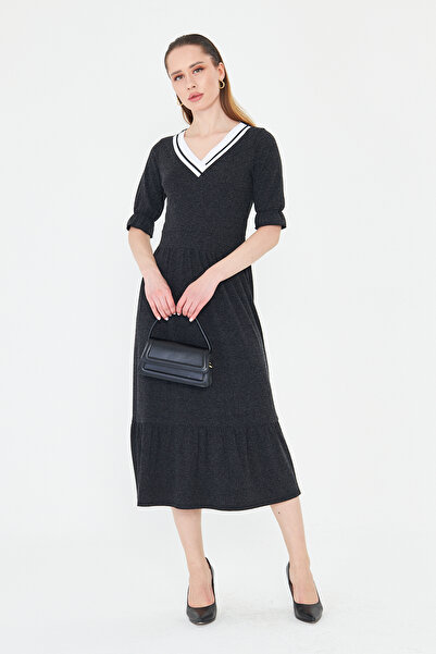 ESPİNA Women's Knitwear Banded V-Neck Short Sleeve Wool Viscose Dress