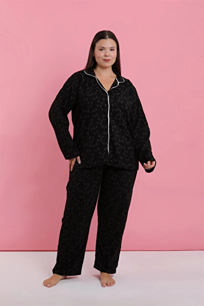 alfa expres Clothing Women's Plus Size Black and White Piped Patterned Buttoned Pajama Set