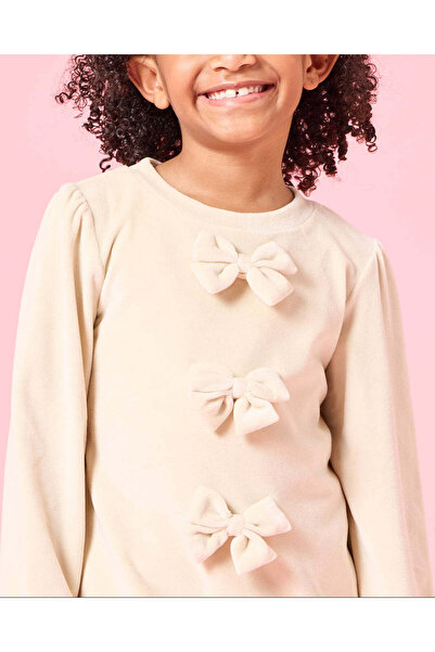 REDTAG Girls Beige Velour Bow Embellished Top