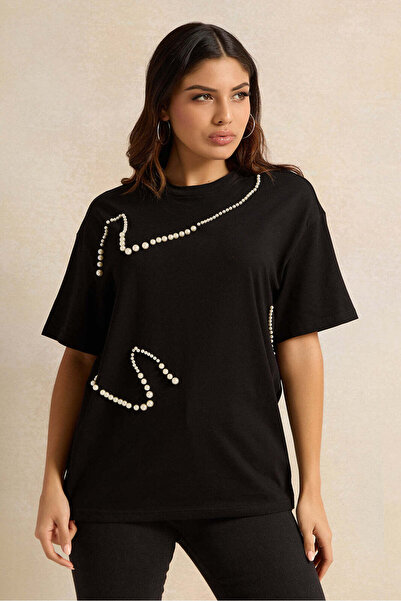 REDTAG Women Black Pearl Beaded T-shirt