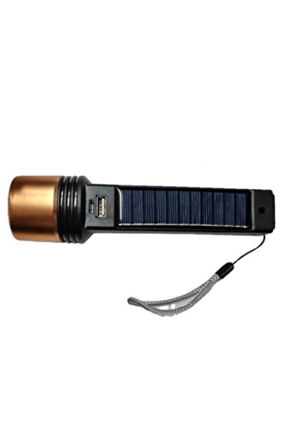 OEM Solar LED flashlight, 3-step switch, USB charging, black/gold, 17.5 x 4.5 cm