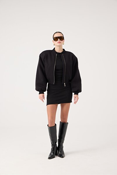 HOLLY LOLLY Crop Cut Shoulder Pad Piece Parker Bomber Jacket Black