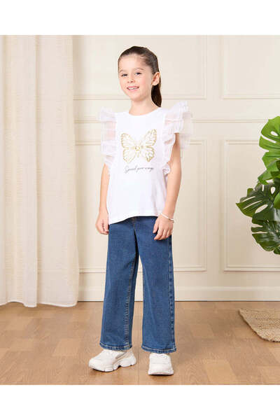 REDTAG Girls White Embellished With Organza Frill Sleeve Top