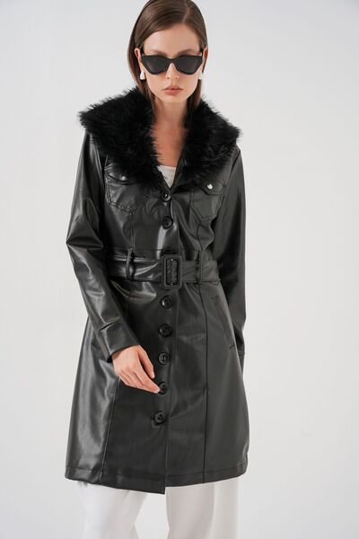 Hiccup Bdart Faux Leather Long Coat with Fur Collar Detail and Button Closure