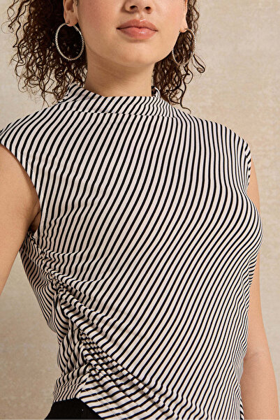 REDTAG Women Black And White Ruched Striped Top