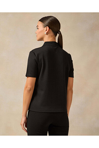 REDTAG Women Black Embellished With Rhinestone Collar Polo T-shirt