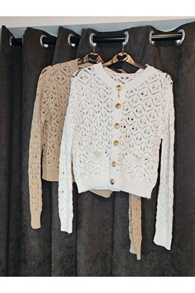 MODA VE DERYA Women's V-Neck Gold Buttoned Lace-Like Knit Pocket Knitwear Car...