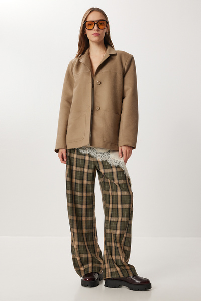 Lovelyİstanbul سترة بليزر من جلد الغزال الصناعي بقصة عادية LRG0055 VİZON