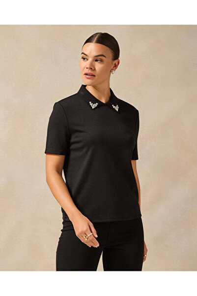 REDTAG Women Black Embellished With Rhinestone Collar Polo T-shirt