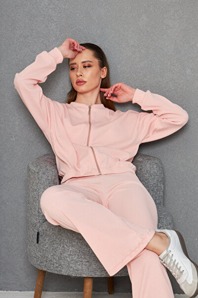 ESPOİRPLUS Women's Powder Color Ribbed Knit Pants Bomber Jacket Bottom Top Set