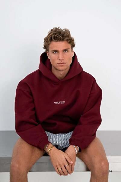 The Champ Clothing Ανδρικό φούτερ oversized με κουκούλα CHMP Summer με τύπωμα Claret Red – με κουκούλα , 3 Thread Fleece, Τσέπη καγκουρό